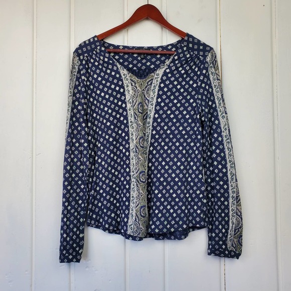 Lucky Brand Women's Medium Long Sleeve Boho Blue White Paisley Print Top - Picture 2 of 9